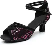 [FARZAH] Practice Ballroom Dance Shoes Dance Heel Women Latin Dance Shoe Standard Modern Tango Ballroom Salsa Party Ankle Strap Heel(D,4)