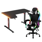 Advwin 140cm Black Gaming Desk RGB LED Light & Gaming Chair with Footrest LED Light White