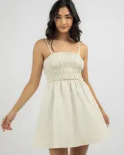 [Rhythm] Rhythm Women's Classic Shirred Mini Dress in Oat Natural Size 10 10 Oat Natural