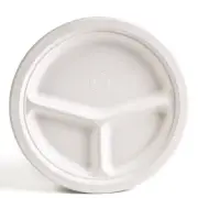 Green Wave TW-POO-011 9" White Bio Bagasse 3-Compartment Round Plate, 500/CS