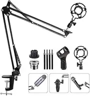 Upgraded Adjustable Microphone Suspension Boom Scissor Arm Stand with Shock Mount Mic Clip Holder 3/8’’ to 5/8’’ Screw Adapter -for Blue Yeti, Snowball & Other Microphones (Stand with Adapter)
