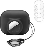 OEKSCENJ Carrying Case for Airtag for AirPods Pro (2nd Generation),2 in 1 Silicone Cover Skin for GPS Tracker Headphone with Keychain，with 4 Pack Screen Protector, Black