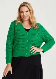[TS] Taking Shape Pointelle Crop Knit Cardigan Size 14 in Jewel Green - Plus Size Women's Clothing Jewel Green