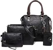 [Tangyongjiao] Luggage & Bags 4 in 1 Crazy Horse Texture PU Leather Shoulder Bag Ladies Handbag Messenger Bag with Tassel (Black) (Color : Black)