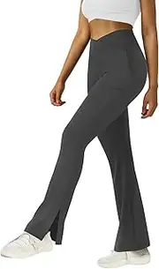 [FARUNGS] Womens Crossover Flare Yoga Pants High Waisted Split Hem Flare Leggings with Pockets Bootcut Workout Pants