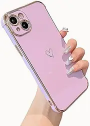 ZTOFERA Designed for iPhone 15 6.1 inch Case,Cute Plating Edge Love Hearts Pattern with Camera Lens Protection Phone Cover for Girls Women,Purple