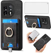 [Asuwish] Phone Case for OnePlus 11 5G Wallet Cell Cover with Screen Protector Tempered Glass and Slim Ring Stand Credit Card Holder Slot One Plus11 1 Plus 1plus11 One+ 1+ Women Girl Men Boy Black