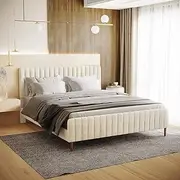 Platform Bed Frame Velvet Fabric Upholstered Bed Base with Headboard & Footboard (White, King)