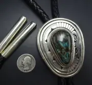 Leonard Nez NAVAJO Deep Blue TURQUOISE Sterling Silver BOLO Tie Thick Black Cord