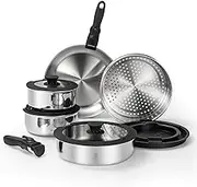 16 Piece Stainless Steel Cookware Set, Kitchen Removable Handle Stackable Pots and Pans Set, Frying Pans Saucepans with Lid, Stay-Cool Handles for All Stoves, Dishwasher/Oven Safe Camping Space Saving
