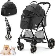 Pet Stroller for Dogs & Cats up to 55 lbs, Upgraded 4-Wheels Design with Detachable Pet Carrier, 3-in-1Foldable Portable Travel Carrier for Small/Medium Pets, Storage Basket & Cup Holder