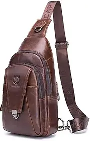 [BULLCAPTAIN] Leather Sling Bag for Men Multi-pocket Crossbody Chest Bag Travel Casual Shoulder Backpack