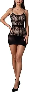 [Fanmorph] Cut Out Halter Fishnet Bodysuit - Black Mesh Lingerie Fishnet Dress, Sexy See-Through Mesh Chemise Babydoll Bodysuit for Women, Black, One Size