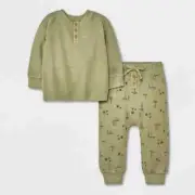 Grayson Collective Baby Boys' Ponte Henley Top & Jogger Pants Set - Olive Green