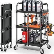 KINGRACK 3 Tier Rolling Tool Cart with Wheels and Ergonomic Handle, Heavy Duty Foldable Utility Service Cart with Organizer Shelf, Multifunctional Storage Organizer, Practical for Home, Office, Garage