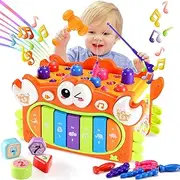 AUTOWT 15 in 1 Crab Activity Cube Toy, Hammering Pounding Toys with Music Lights, Montessori Educational Learning Toys for 3 Years Old Girl Birthday (Orange)