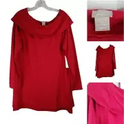 Chicos Tunic Womens Size 2 US L 12/14 Solid Red Off Shoulder Stretch Knit LS