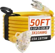 50 FT 10/3 Gauge Outdoor Extension Cord with Multiple Outlets Light Indicator, F