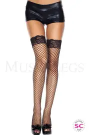 Women's, Silicone lace top spandex diamond net Thigh High. Music Legs 49317Black