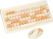 Wireless Keyboard and Mouse Combo, Cute Retro Keyboard with Round Keycaps, 1000/1200/1600 DPI Mouse, 2.4G USB Receiver Plug and Play, Ergonomic Keyboard for Laptop, PC (Orange)