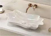 MEJE 24-Inch Unique Lotus Leaf Flower Shape Bathroom Vessel Sink, Above Counter Porcelain Ceramic Vessel Vanity Sink, Art Basin, Pearl Glaze Color (Include Pop Up Drain)