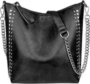 [BYKOINE] Women Fashion Tote Bag PU Leather Rivet Studded Ladies Purse Chain Shoulder Bag Satchel Work Shopping