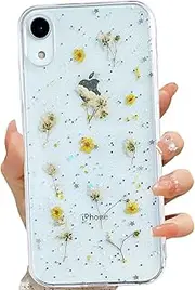 LSEEKA for iPhone XR Clear Case with Pressed Real Flowers Design,Glitter Cute Yellow Floral Pattern Slim Soft TPU Protective Women Girl's Phone Cover for iPhone XR