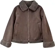 [Uillui] Womens Sherpa Lined Suede Leather Jacket Cropped Motorcycle Jacket Winter Teen Girls Trendy Fleece Crop Bomber Jacket