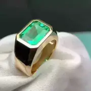 14K Yellow Gold Plated 3Ct Green Emerald Lab Created Emerald Cut Men's Ring