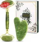 Gua Sha & Jade Roller Gift Set, Natural Green Face Roller and Gua Sha Stone Set,