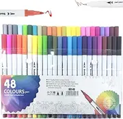 48Pcs Dual Markers Brush Pens, BetterJonny Dual Brush Tip and Highlighters for Adult 0.4mm Fine Point Pens and 1-2mm Brush Pens Art Marker Double Tip Colored Pen for Coloring Hand Lettering Art