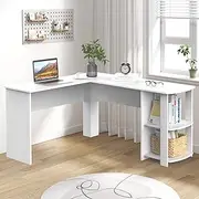 Ufurniture L-Shaped Corner Computer Desk 140cm Home Office Desk Study Table Large Workstation Writing Table with 2 Storage Shelves (White)