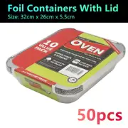 50pcs Aluminium Foil Tray with Lid Takeaway Container Oven Baking BBQ Roasting