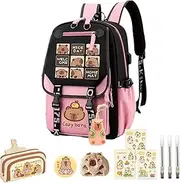 [Generic] Cute Capybara Backpack, 18" Large Capacity School Backpack Cute Capybara Backpack, Capybara Daypack For Girls Teens Students Causal Rucksack With Pencil Case Badge Pen Keychain Sticker Plush Pendant