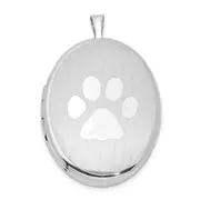 Sterling Silver Rhod-Plated Textured & Polished Paw Print 26mm Oval Locket
