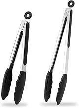 DAILY KISN Kitchen Tongs Set 9 Inch & 12 Inch, Cooking Tongs with Silicone Tips and Stainless Steel Handle, Non Stick Heat Resistant Tongs for Cooking, Buffet, Salad Serving (9"+12", Black)
