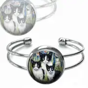 Tuxedo Cat Family Watercolor Floral Art Print Cuff Bracelet Cat Lover Gift