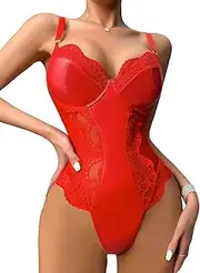[SEXYTINE] Women Leather One Piece Lingerie Underwire Lace V Neck Nightgown Babydoll Bodysuit