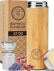 Bamboo Tumbler with Tea Infuser & Strainer by LeafLife | 17oz Stainless Steel Water Bottle | Vacuum Insulated Coffee Travel Mug | BPA-Free | Mesh Filter for Brewing Loose Leaf & Fruit Infused
