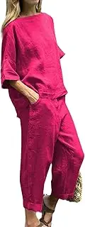 [HanzhuoLG] Women's Cotton Linen Tracksuit Set Summer Solid Color Casual Loose Half Sleeve Linen Shirt & Pants Two Piece Set Rose Small