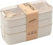 Adults Lunch Box Compartment 3-In-1, Stackable Bento Box Wheat Straw, Leakproof Bento Lunch Box Meal Containers