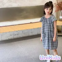 在飛比找momo購物網優惠-【UniKids】中大童裝短袖洋裝 日系格紋田園風 女大童裝