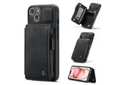 For Apple iPhone 15 CaseMe Back Zipper Wallet Case W/ 3 Card Slots, RFID Blocking, 1 Money Pocket, Credit Card Holder Leather Cover (Black)