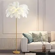 Ostrich Feather Floor Lamp with Foot Switch Dimmable Feather Standing Lamp for Bedrooms and Living Room,G4 LED Bulb,Golden Lamp Body,White,Large