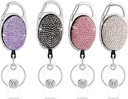 Retractable Badge Holders with Bling Rhinestones Crystal, Badge Reel with Belt Clip and Key Ring, 24 inches Thick Kevlar Pull Cord. (4pcs- Silver, Black, Pink and Blue)