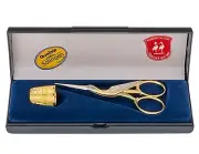 ROBERT KLAAS HANDMADE SEWING SET STORK SCISSORS 3 1/2" GOLD PL. w THIMBLE in BOX