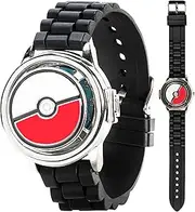 Spinner Top Analog Watch for Kids – Features Iconic Poké Ball Spinner, Silver Metal Case, Comfortable Silicone Strap, and Pikachu Dial Art, Perfect for Pokémon Fans and Collectors, Pikachu