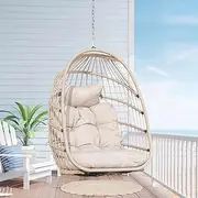 Nicesoul Outdoor Hanging Egg Chair Without Stand, Patio Wicker Swing Egg Basket Chairs with Padded Cushion, 350 Lbs Comfy Cozy Ceiling Tree Swinging Egg-Shaped Chair No Stand for Indoor Balcony, Beige