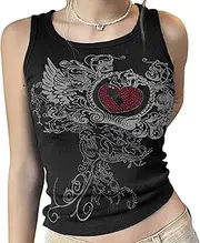 [Meladyan] Women Heart Rhinestone Graphic Print Sleeveless Crop Tank Ribbed Fairy Grunge 90s E-Girl Goth Vest Shirt Top