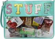 Oufegm Monogram Chenille Clear Makeup Letter Bag Clear Purse Travel Stadium Letter Bags Snack Pouch Clear Beach Bags for Cosmetics And Toiletries Organization Clear Travel Pouch, Mint-Stuff